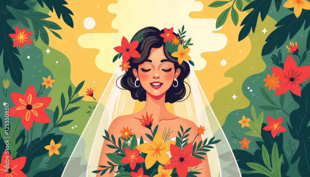 Beautiful bride surrounded by vibrant flowers on a sunny day in a lush garden, capturing the essence of love and nature