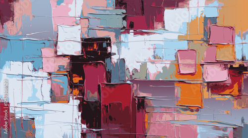 Vibrant abstract painting featuring rich red, orange, pink, and blue hues arranged in a textured geometric composition. The interplay of colors and layered brushstrokes adds depth and dynamism