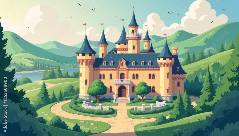 Naklejka premium Enchanting castle nestled among rolling hills, surrounded by lush green landscapes and a serene lake under a bright blue sky