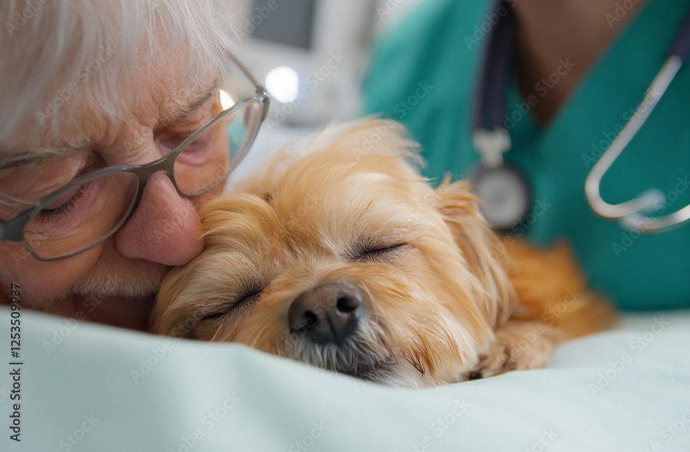 small dog waking up from anesthesia on a clinic bed, with a vet monitoring its vitals small dog waking up from anesthesia on a clinic bed, with a vet monitoring its vitals