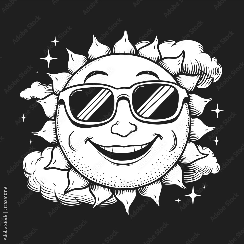 Fototapeta premium black background comic illustration of a smiling sun wearing cool rounded sunglasses 
