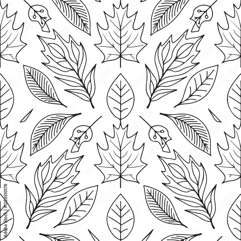 Fototapeta premium Vector seamless pattern with autumn leaves, coloring page for kids and adults