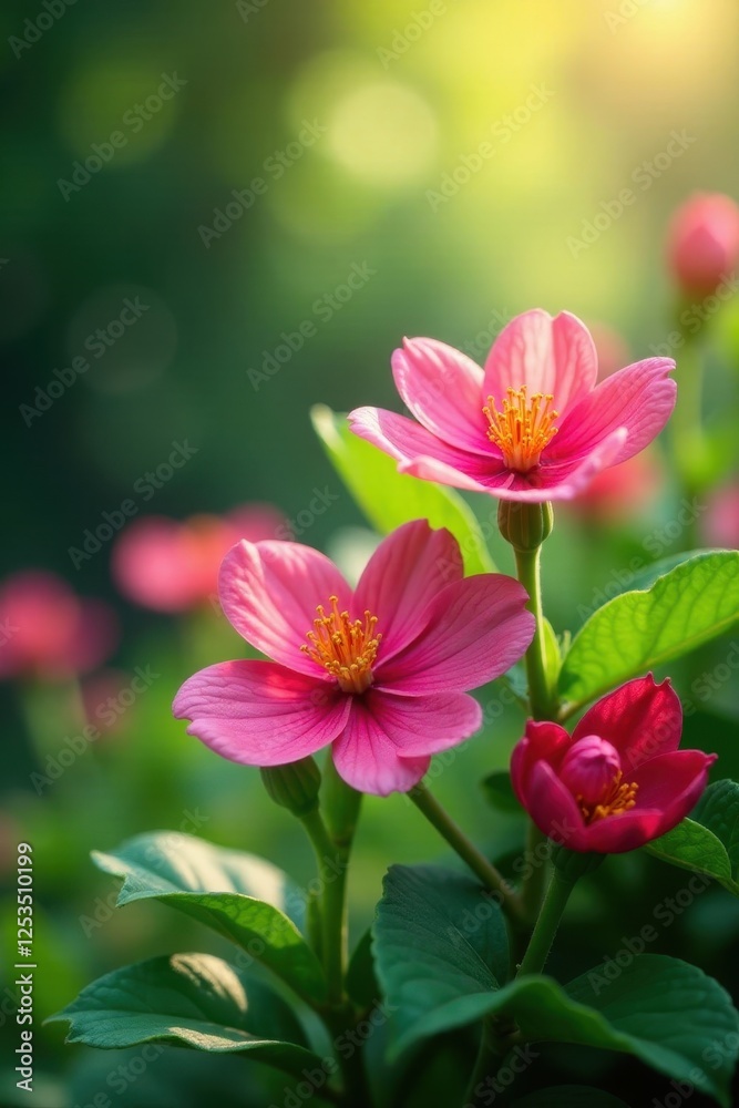 Vibrant blooming flowers, lush green leaves, soft sunlight , life, texture, renewal Vibrant blooming flowers, lush green leaves, soft sunlight , life, texture, renewal