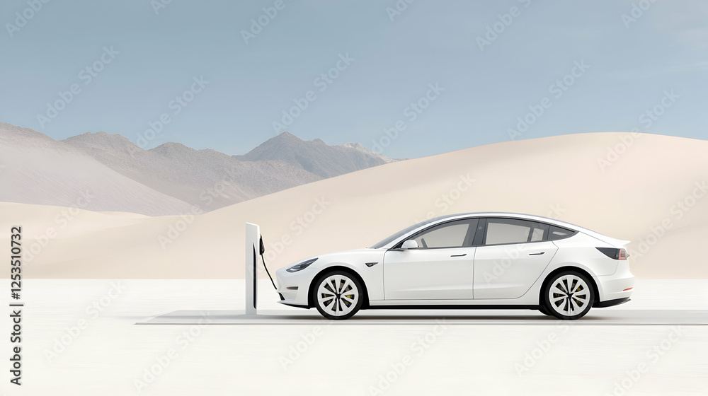 Fototapeta premium White electric car charging in a desert landscape, promoting eco-friendly transport and showcasing sustainable energy solutions for climate change