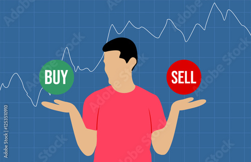 A stock market concept illustration featuring a faceless man in a red shirt holding a green BUY button in one hand and a red SELL button in the other, with a financial chart in the background