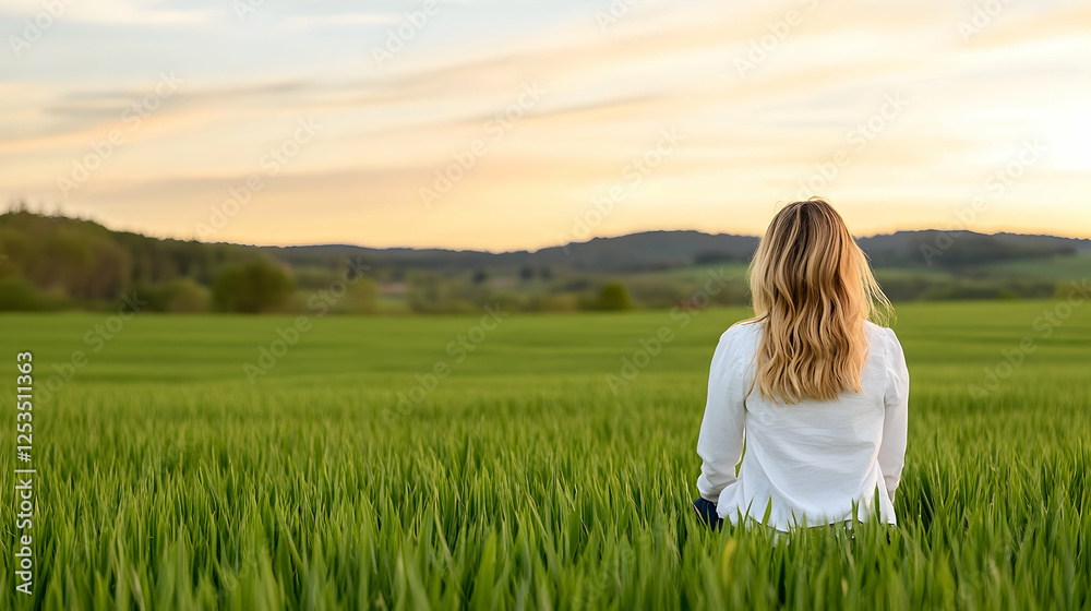 A girl meditates in a green field looking at the sunset. Ideal for wellness articles, promoting mental health and relaxation A girl meditates in a green field looking at the sunset. Ideal for wellness articles, promoting mental health and relaxation