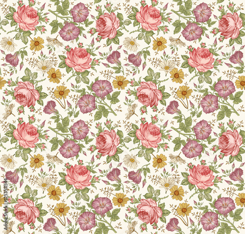Seamless pattern. Beautiful pink blooming realistic isolated flowers. Vintage background. Set Chamomile Roses  Petunia wildflowers. Wallpaper. Drawing engraving. Vector victorian Illustration