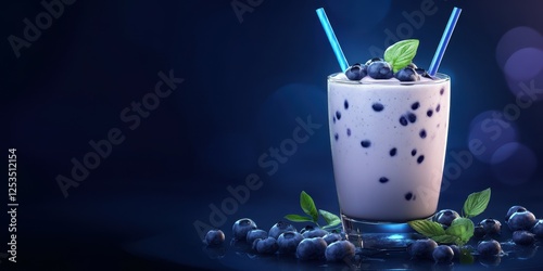 Blueberry smoothie with fresh fruit and mint on a dark background for a refreshing treat photo