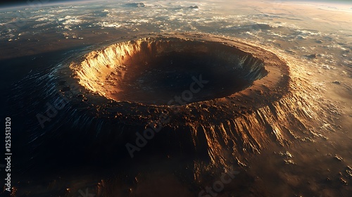 Aerial view of a massive volcanic crater illuminated by sunset, surrounded by clouds and distant mountains photo