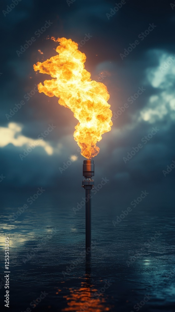 Obraz premium Fiery gas flare illuminating dark ocean waters