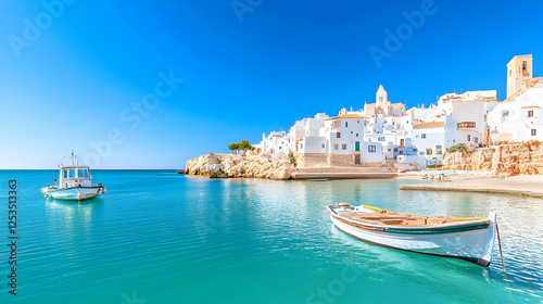 Boats floating on calm water near coastal town in Italy; perfect for travel agencies, tourism brochures, and vacation-related marketing