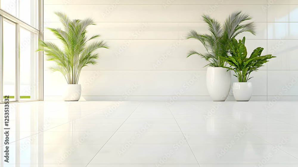 Bright, empty minimalist room with indoor plants in pots and sunlight, representing calm, fresh, and natural interior design or office space Bright, empty minimalist room with indoor plants in pots and sunlight, representing calm, fresh, and natural interior design or office space