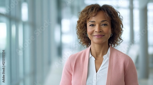 Portrait of a mature woman with a warm smile, wearing a light pink cardigan over a white shirt. She is standing in a modern, light filled hallway with a soft, blurred background of glass and light Free Download Portrait of a mature woman with a warm smile, wearing a light pink cardigan over a white shirt. She is standing in a modern, light filled hallway with a soft, blurred background of glass and light - GFXLoad