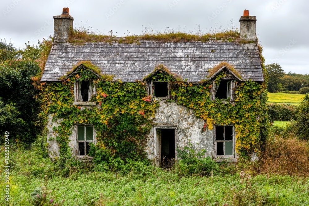 Abandoned House Covered in Ivy with Overgrown Landscape Abandoned House Covered in Ivy with Overgrown Landscape