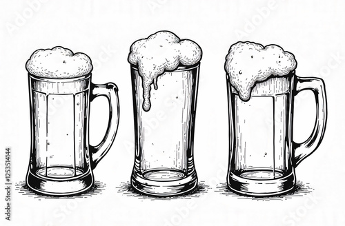 Set of different glasses of beer with foam on a white background. Black and white contour drawing. Bar décor photo