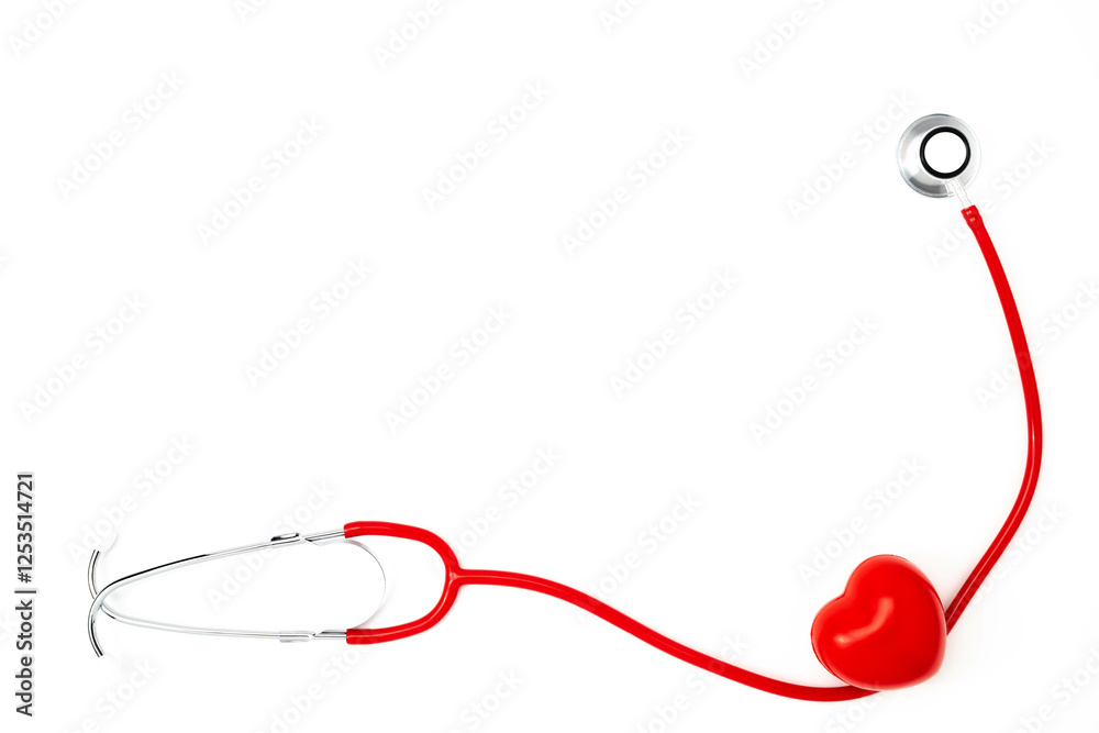 Red stethoscope with heart shaped stress ball on white background Red stethoscope with heart shaped stress ball on white background