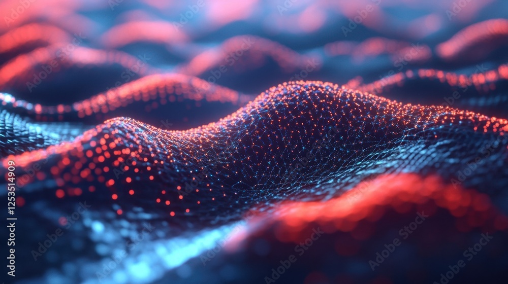 Vibrant red and blue digital waves create an abstract landscape, illustrating the concept of data flow and technology in a futuristic setting. The dynamic patterns evoke a sense of movement Vibrant red and blue digital waves create an abstract landscape, illustrating the concept of data flow and technology in a futuristic setting. The dynamic patterns evoke a sense of movement