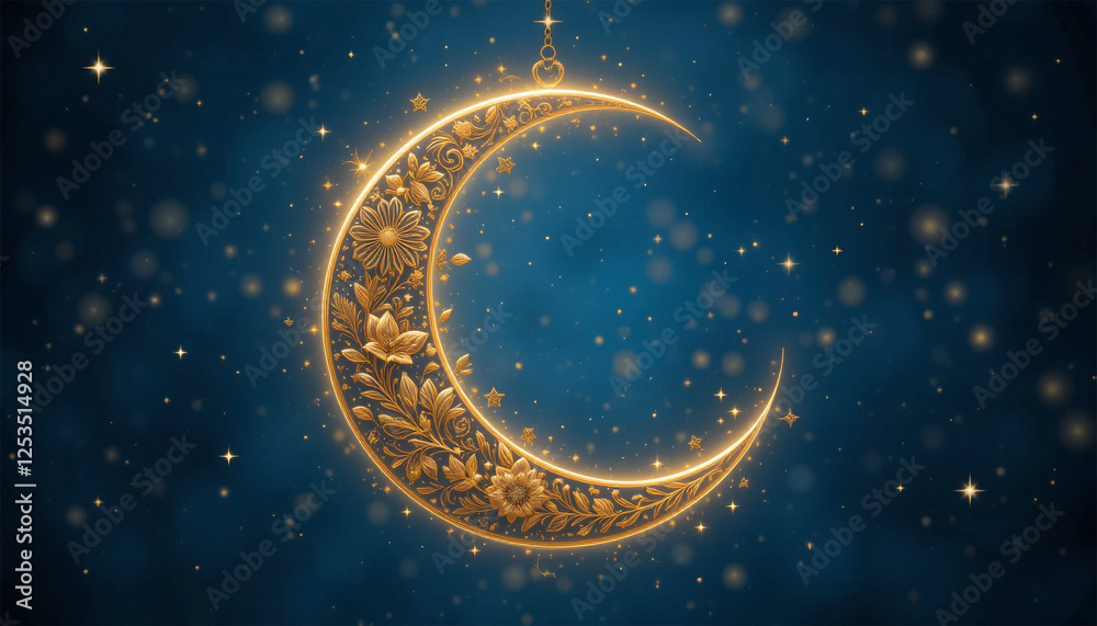 Crescent moon with golden floral patterns on blue sky Crescent moon with golden floral patterns on blue sky