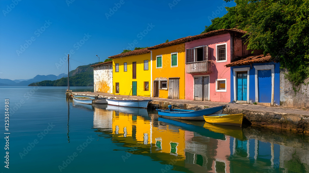 Obraz premium Colorful houses on the coast by calm sea, reflected in the water. Can be used to illustrate travel, vacations and summer themes