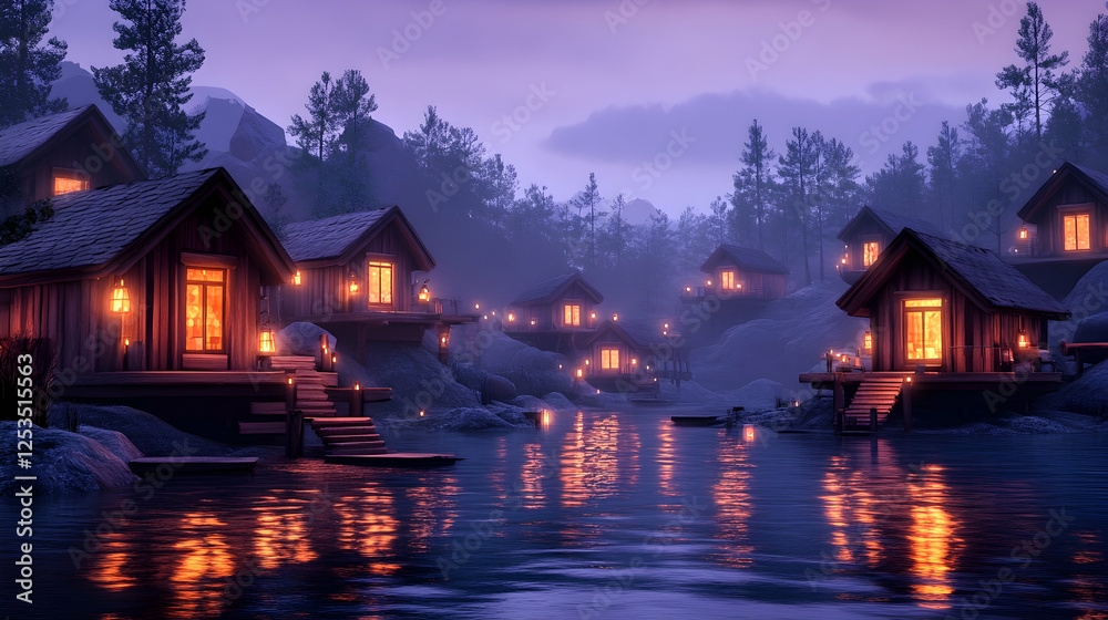 Fototapeta premium Cozy cabins glow along the lake at dusk, offering a serene waterside retreat. Ideal for travel or tranquil lifestyle imagery