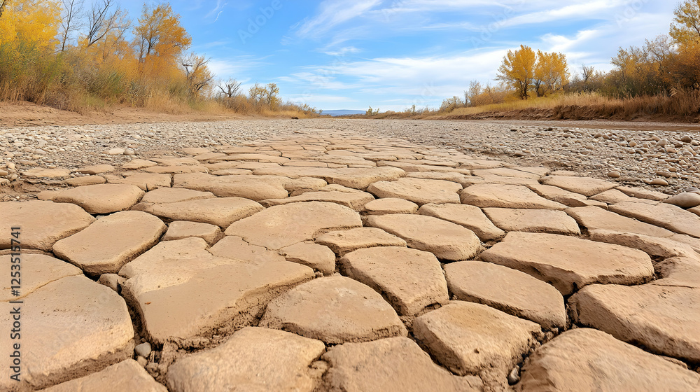 Fototapeta premium Cracked earth due to drought, showing a dry riverbed with trees under a bright blue sky. Illustrates climate change and environmental issues