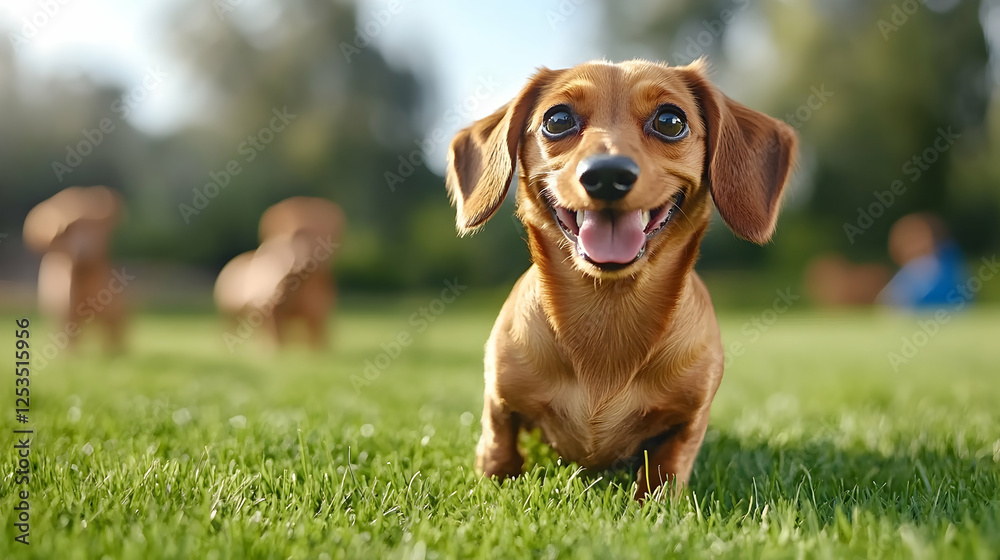 Dachshund dog running cheerfully on a green grass lawn, with other dogs and people blurred in the background. Possible use pet advertising Dachshund dog running cheerfully on a green grass lawn, with other dogs and people blurred in the background. Possible use pet advertising