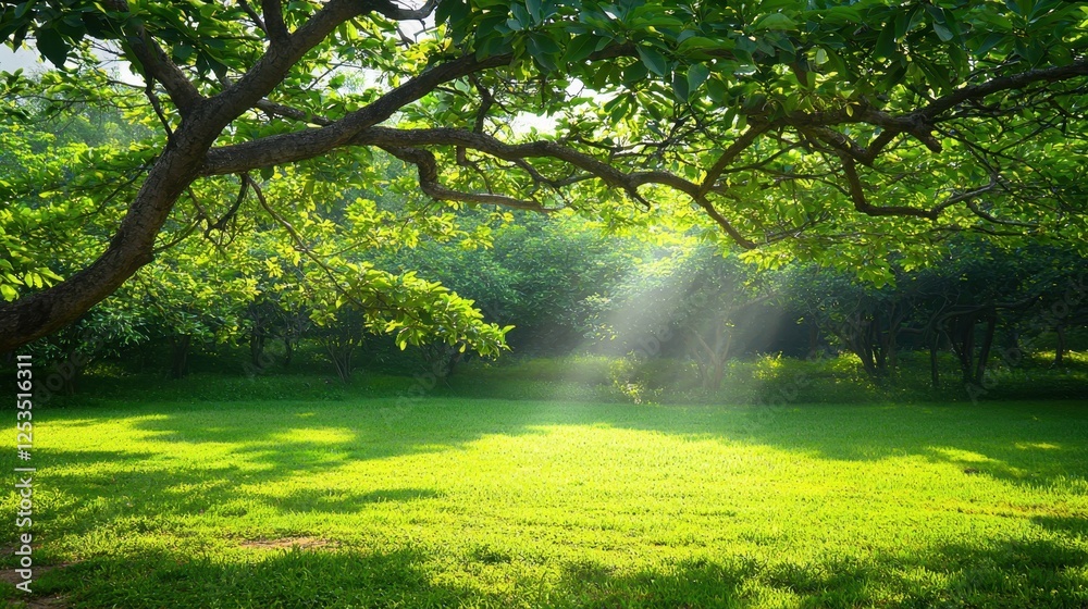 Obraz premium A serene landscape featuring lush green trees, dappled sunlight filtering through the leaves, and a vibrant grassy area, creating a peaceful natural setting.