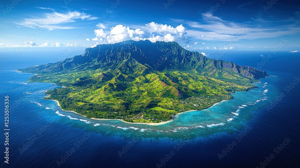 Fototapeta premium Tropical island aerial view, lush greenery, ocean, village
