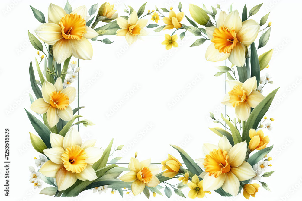Floral frame with daffodils and narcissus flowers on white background. Floral frame with daffodils and narcissus flowers on white background.