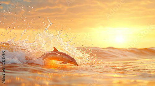 Dolphin jumping in ocean waves at sunset for conservation, tourism, or marine life education