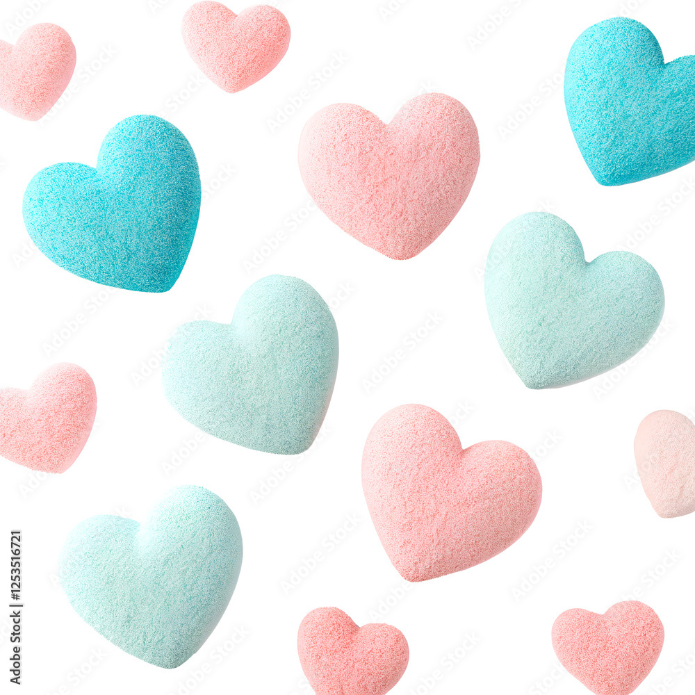 Obraz premium Pink and blue sugar hearts scattered against a black background.
