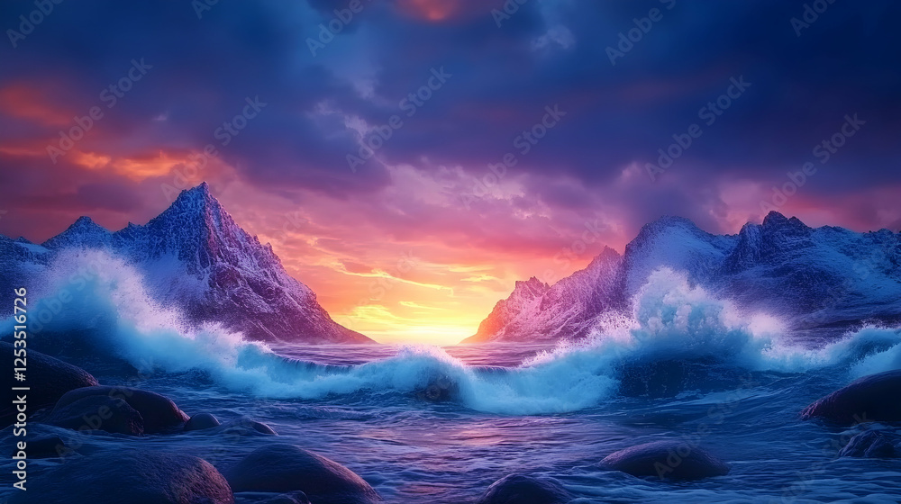 Naklejka premium Dramatic mountain landscape at sunset with vivid colors and crashing waves, perfect for travel inspiration or adventure campaigns