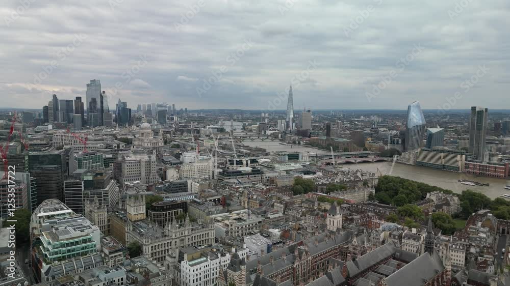 Aerial view Drone shot River Thames by bridges London UK Aerial view Drone shot River Thames by bridges London UK