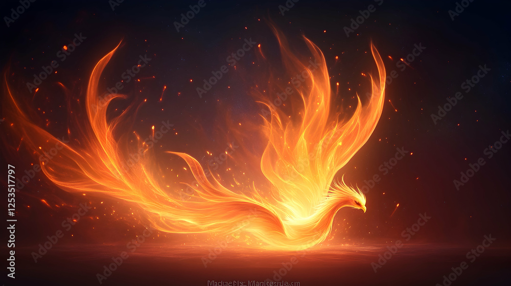 Fototapeta premium Fiery phoenix spreading wings in the dark. Mythical creature rising. Fantasy themed, book or game illustration