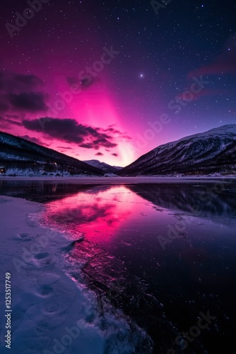 Pink Aurora over frozen lake at night photo