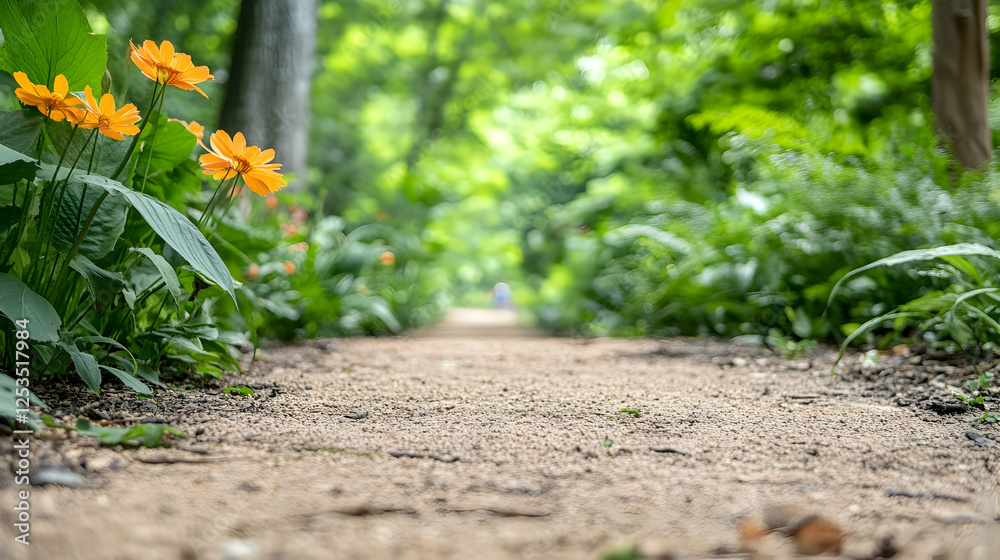 Flowers by pathway with forest background, promoting a stroll, in a park on a bright day, for outdoor wellness and natural beauty Flowers by pathway with forest background, promoting a stroll, in a park on a bright day, for outdoor wellness and natural beauty