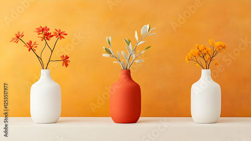 Wallpaper Mural Floral trio in vases displayed on table against orange wall. Decorative home setting for website header or background Torontodigital.ca