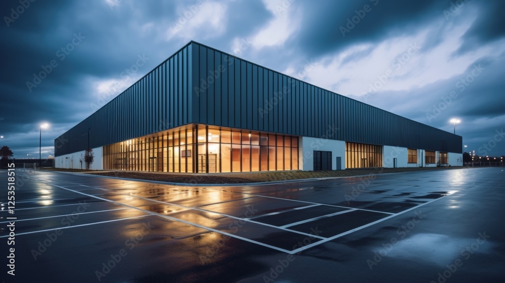 Modern Sleek Warehouse Office Exterior at Twilight with Dramatic Clouds and Reflections on Wet Pavement, Ideal for Business and Architecture Themes