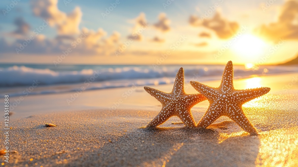 Sunset Beach Starfish Paradise: Two starfish on the beach at sunset, ocean waves, golden sand, idyllic summer scene. Sunset Beach Starfish Paradise: Two starfish on the beach at sunset, ocean waves, golden sand, idyllic summer scene.