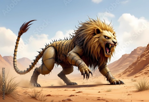 The fearsome Manticore, a mythical beast with the body of a lion, a scorpion's tail, and a dragon's head. This magnificent digital painting captures the creature's ferocity in a desert landscape. photo