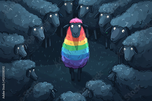 Illustration of black LGBT rainbow colored sheep surrounded in a sheep herd, isolated
