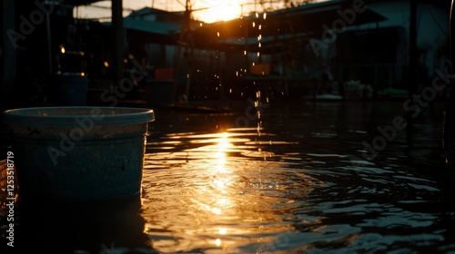 Sunset water puddle,  rustic scene,  rural home.  Possible use Stock photo photo