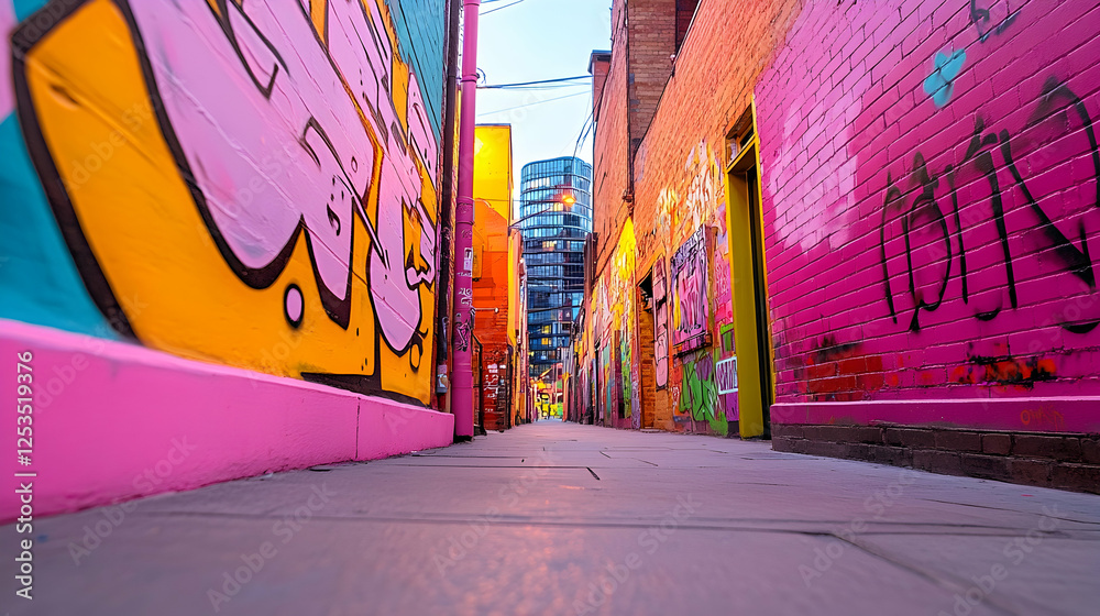 Fototapeta premium Graffiti-covered alleyway with distant city building for use as a backdrop, wallpaper, or artsy blog post
