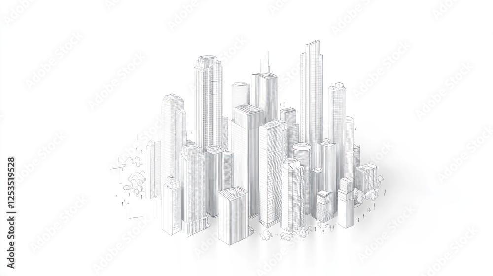 Fototapeta premium Cityscape architectural sketch, white background, urban planning