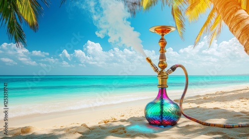 Hookah on tropical beach with ocean and palm trees, exotic relaxation concept