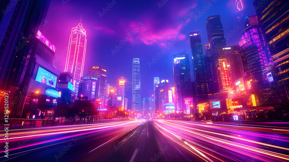 Fototapeta premium Hong Kong city streets with light trails at night. Modern skyscrapers in the background. For travel, business, or urban living themes