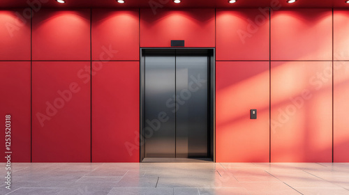 Modern elevator with closed doors in a red interior, contemporary architecture concept
