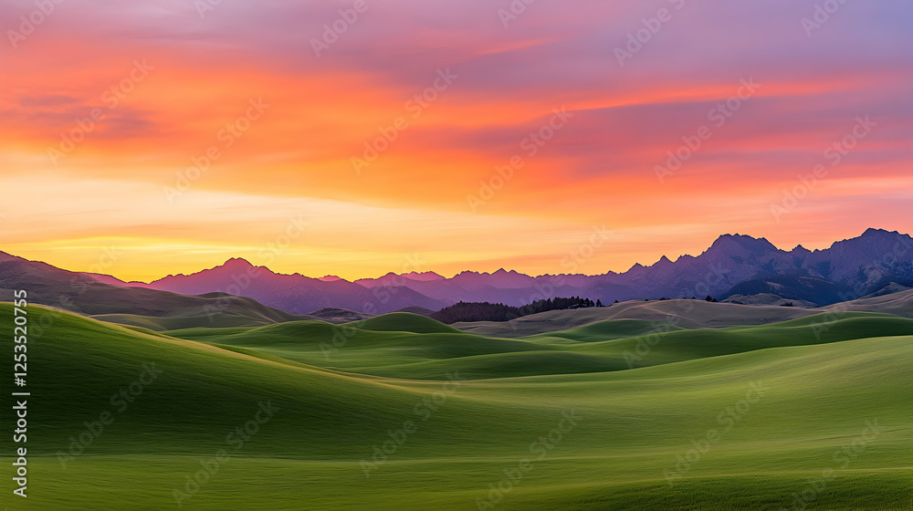 Landscape of green hills at sunset with mountain range in background for travel, nature photography or vacation planning Landscape of green hills at sunset with mountain range in background for travel, nature photography or vacation planning