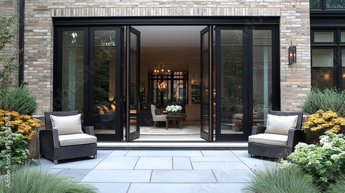 Modern patio with black bi-fold doors, rattan chairs, and potted plants. Perfect for showcasing home design, architecture, or outdoor living concepts.