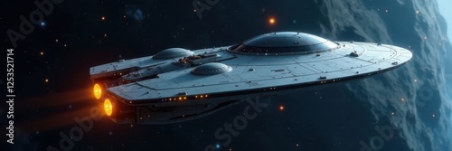 Wallpaper Mural Sleek silver spaceship, orange navigation lights, deep space backdrop, universe, galaxy, astronomy Torontodigital.ca